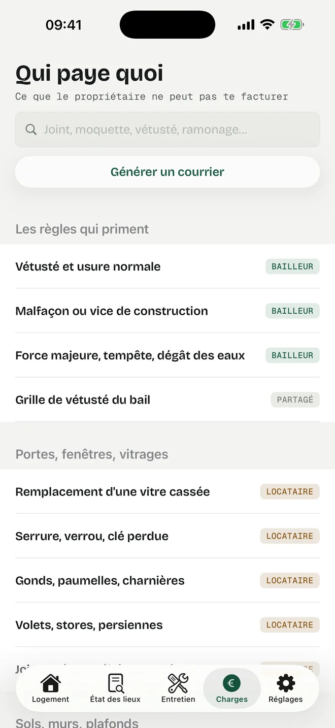 Écran Charges de l'app : « Qui paye quoi », un champ de recherche, et les situations classées avec leur pastille locataire ou bailleur.