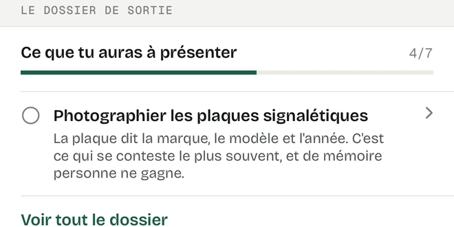 Bloc « Le dossier de sortie » : « Ce que tu auras à présenter », quatre sur sept, et l'étape suivante — photographier les plaques signalétiques.