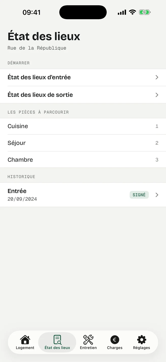 Écran État des lieux : démarrer une entrée ou une sortie, les pièces à parcourir — Cuisine, Séjour, Chambre — et l'historique.